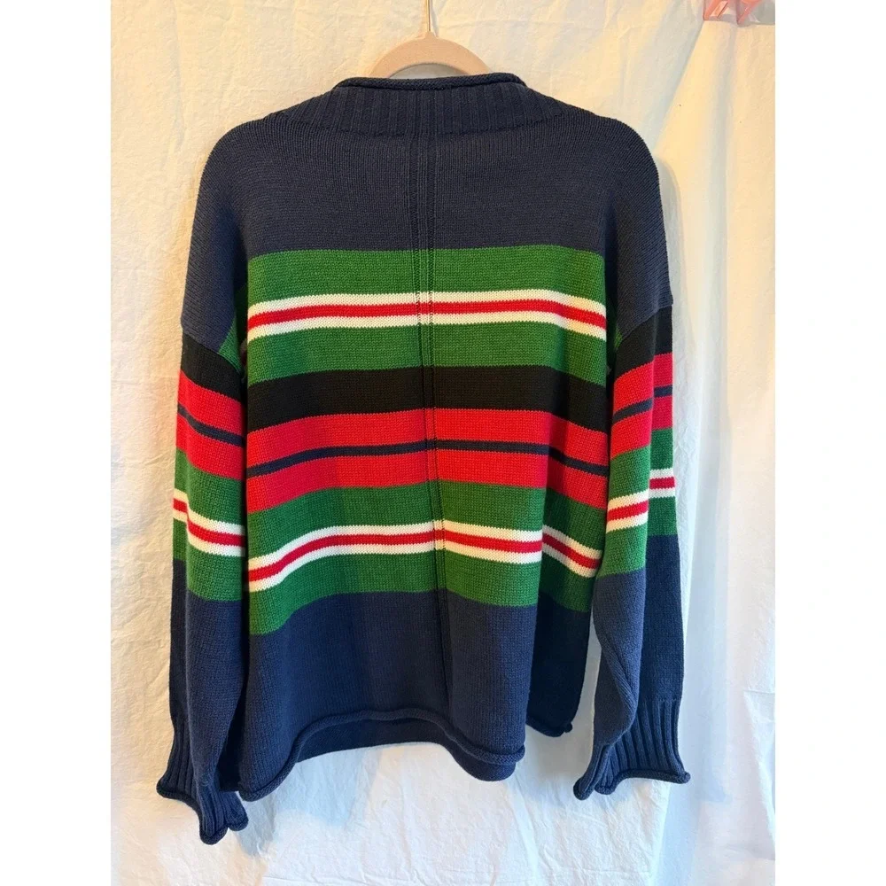 Vintage Style Chunky Knit Striped Sweater Navy Green Red Mock Neck Oversized L‎